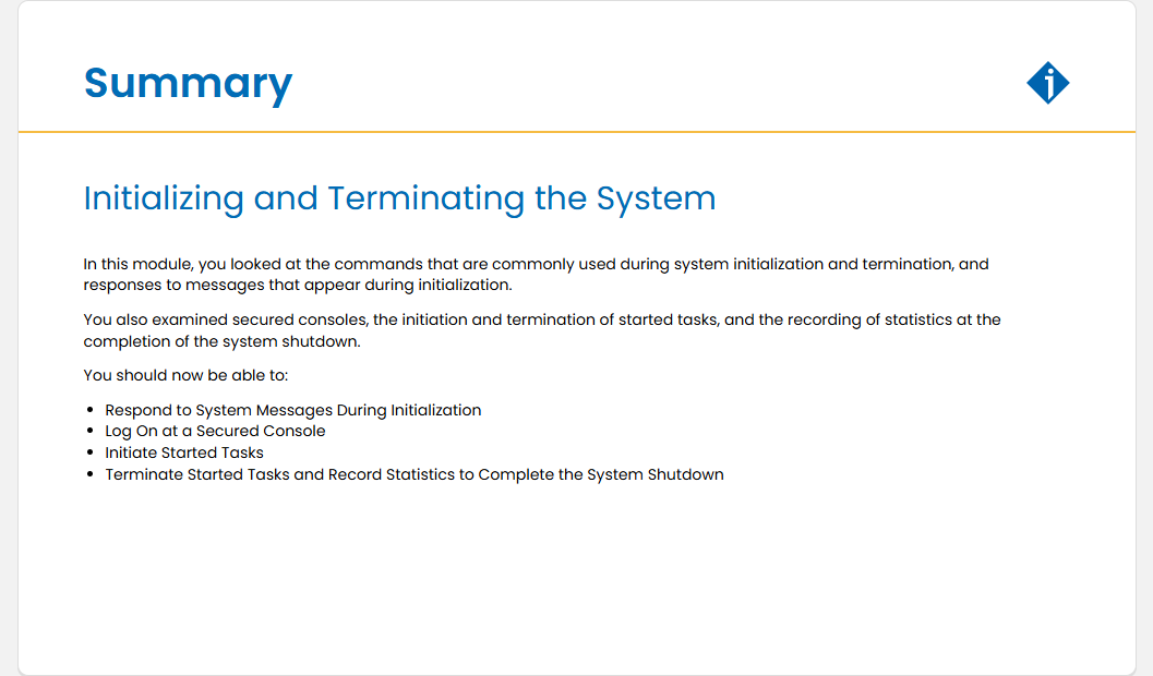 Initializing and Terminating the System Quiz: Initializing and Terminating the System - Summary screenshot