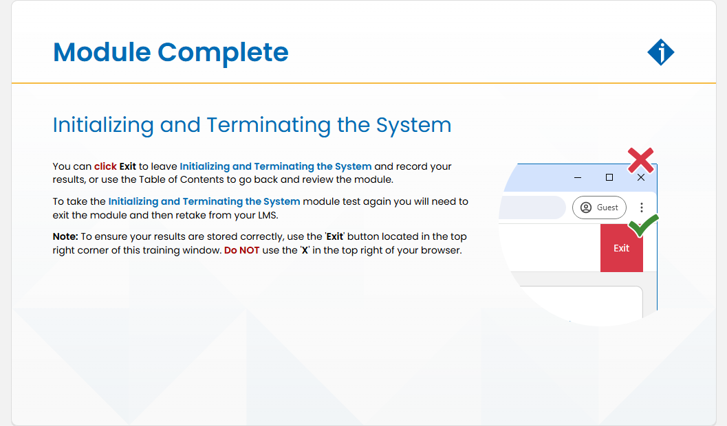 Initializing and Terminating the System Module Test: Initializing and Terminating the System - Module Complete screenshot