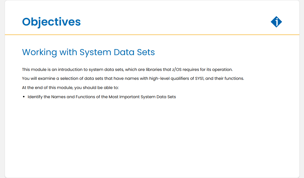 Working with System Data Sets Working with System Data Sets - Objectives screenshot