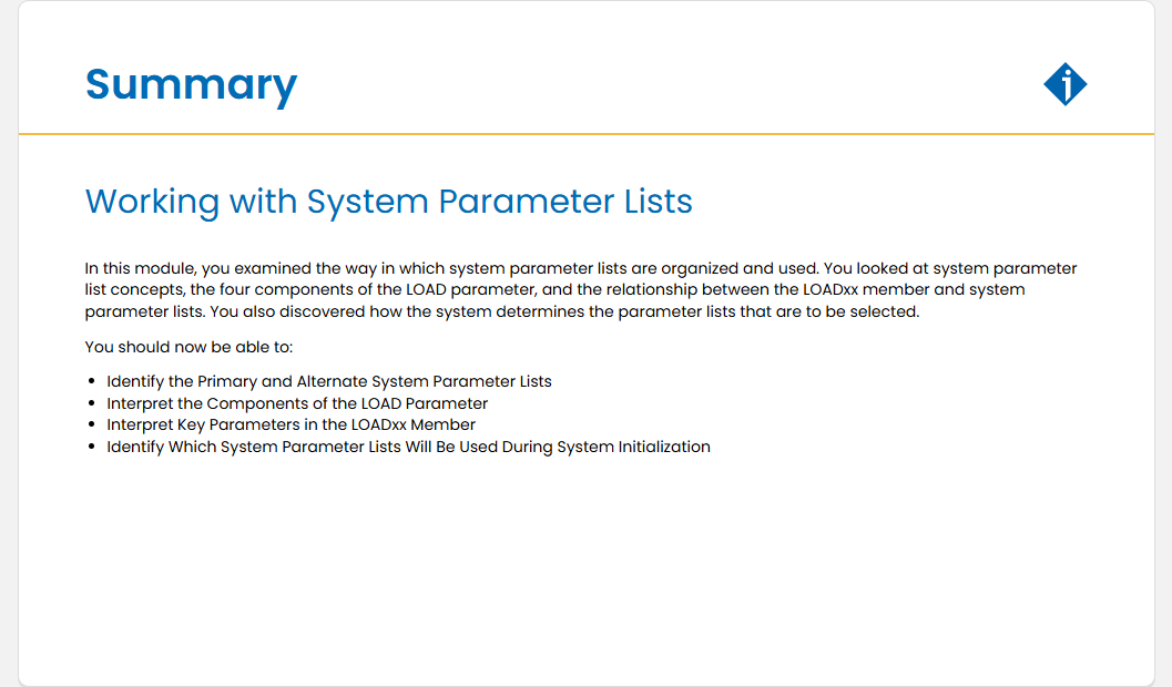 Working with System Parameter Lists Quiz: Working with System Parameter Lists - Summary screenshot